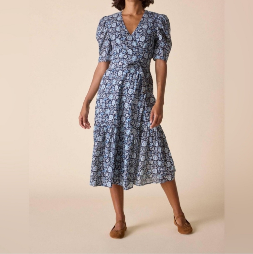 NWT St. Roche Organic Cotton Pearl Dress Navy Wrap Midi Puff Sleeve Floral